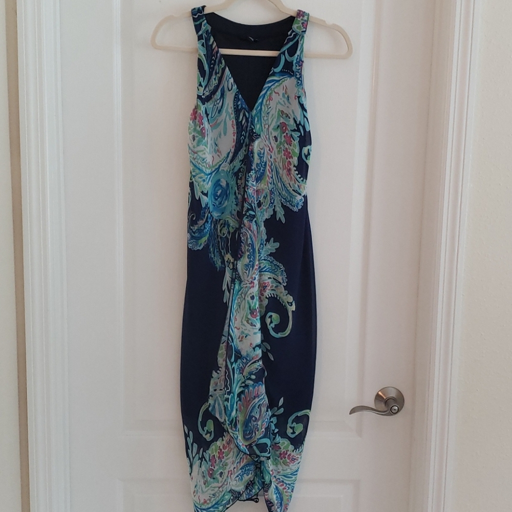 Enfocus Studio Navy Dress with Teal and Aqua Paisley Print